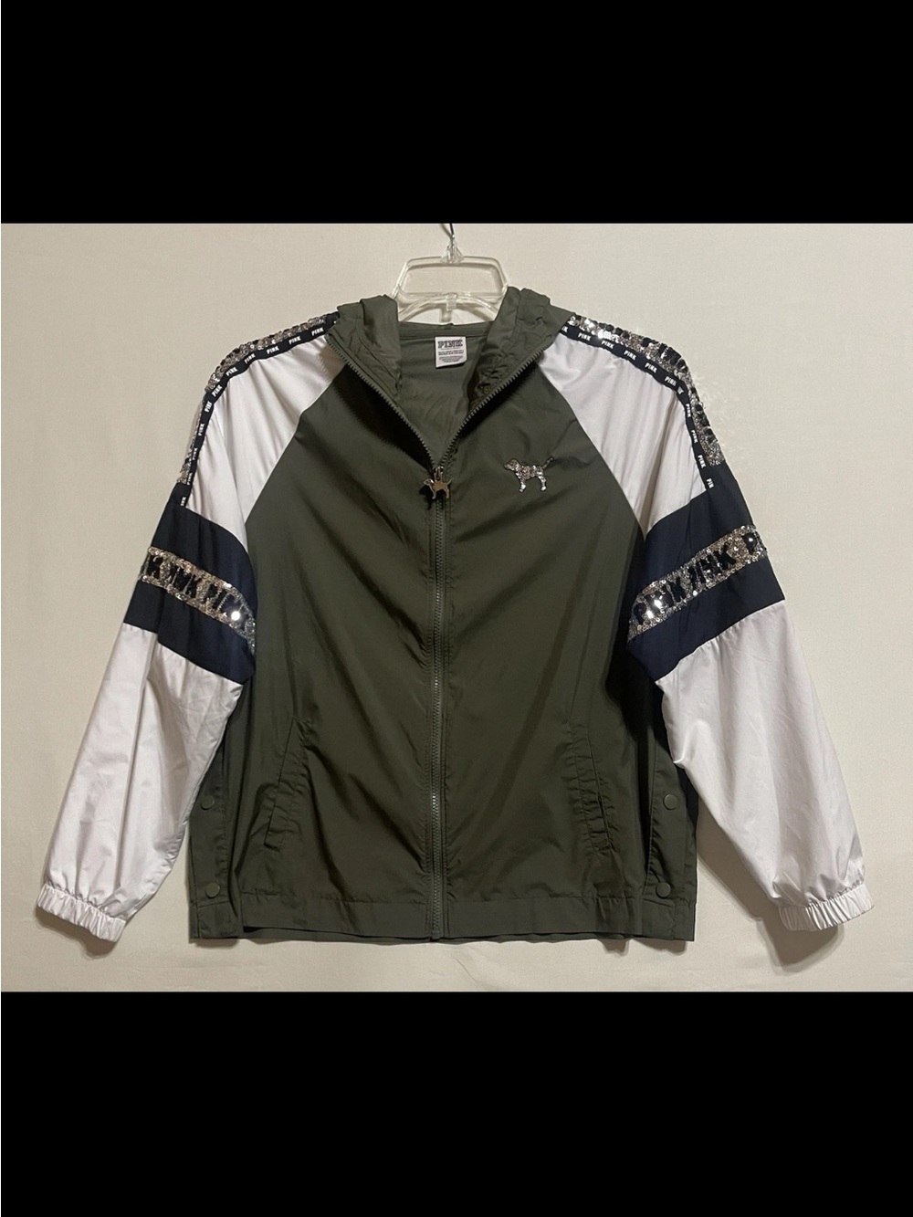 PINK Victoria's Secret Olive Green, White & Navy Sequin-Trim Windbreaker